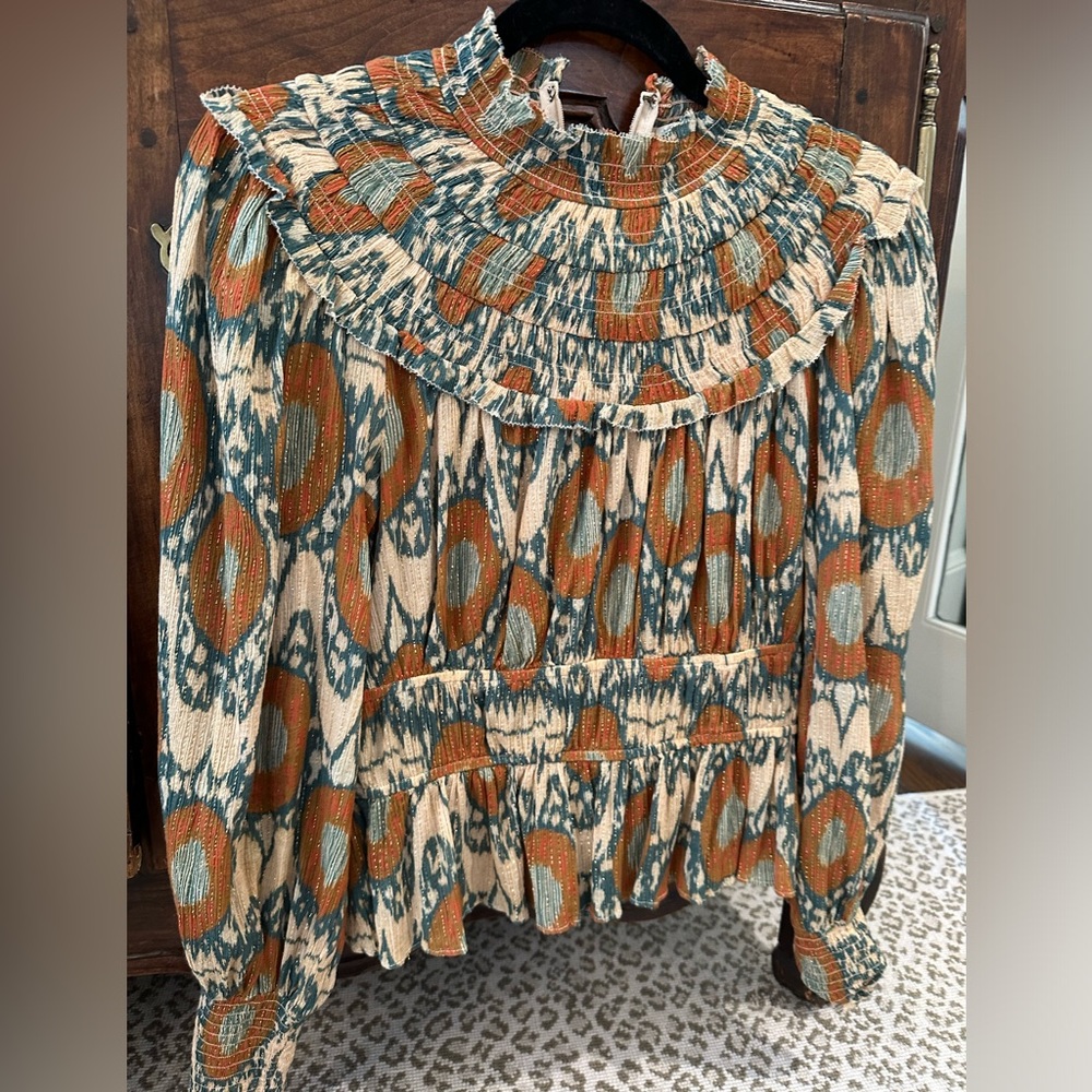 Ulla Johnson chiffon Ikat print lurex top.
